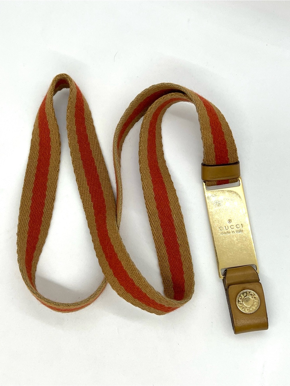 Gucci VINTAGE Web Stripe Lanyard Key Holder Gold Tone Leather Canvas Italy - Picture 11 of 12